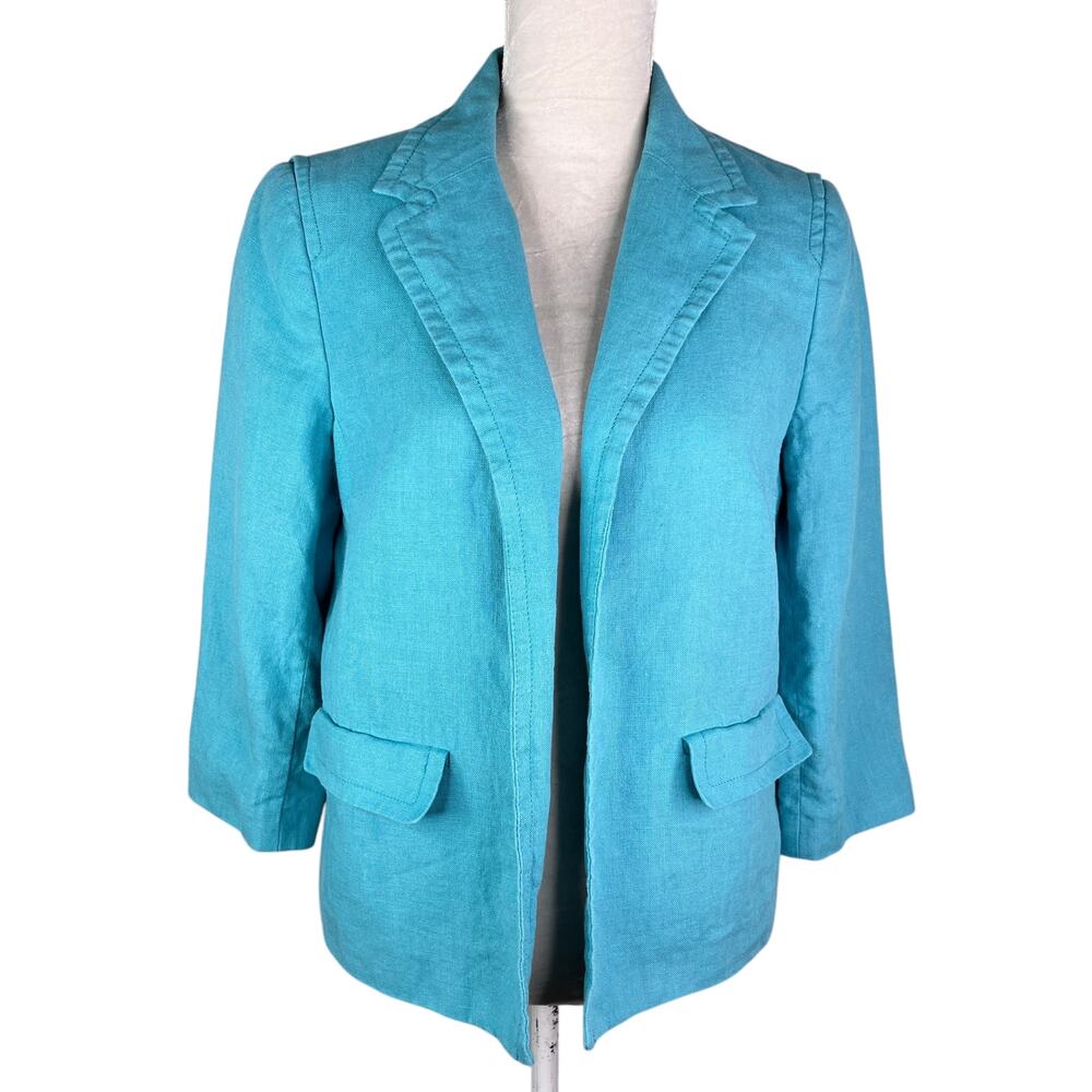 Talbots Linen Blazer 10 Turquoise Lined Pockets Open Classic